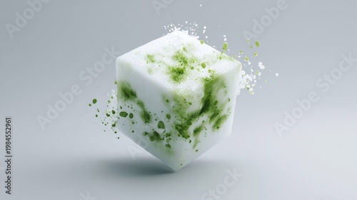 A floating white cuboid with green speckles and splashes, seemingly melting or releasing energy, against a bright modern