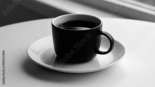 A black matte mug with dark drink on white saucer sits on round table by softly lit windowsill, minimalist serene.