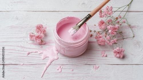 Pink paint jar with brushes and scattered baby's breath on white wooden board, fresh and soft aesthetic.