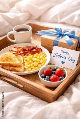 Father’s Day breakfast tray with coffee, toast, eggs, bacon and fresh berries, alongside a wrapped gift, soft natural light and cozy atmosphere, lifestyle composition.