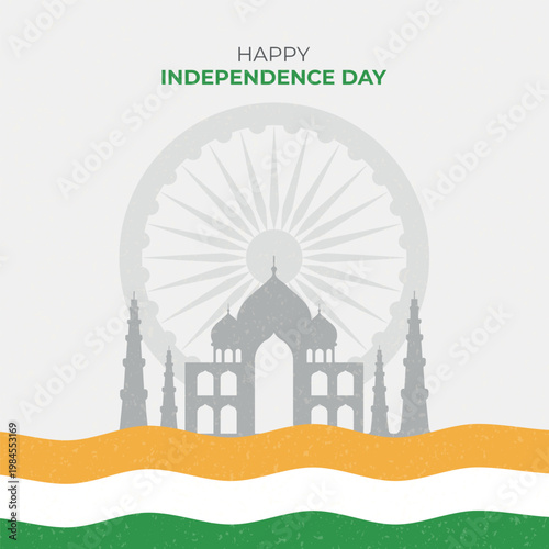 Patriotic banner for Independence Day with the Indian flag. Famous Indian monuments and landmarks.