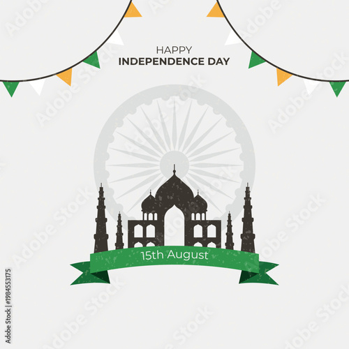 Patriotic banner for Independence Day with the Indian flag. Famous Indian monuments and landmarks.