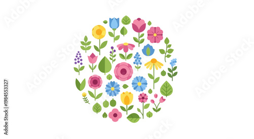 A circular arrangement of diverse and vibrant floral illustrations on a white backdrop