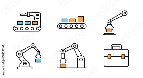 Industrial Automation Icons Set Robot Arm Conveyor Belt Factory Equipment.