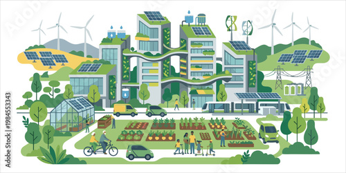 Flat vector illustration of a sustainable smart city featuring an urban farming greenhouse, eco-friendly public transit, renewable energy, and green architecture.
