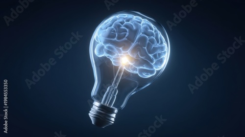 Glowing blue brain floats inside transparent bulb symbolizing creativity and intelligence with futuristic dark blue back