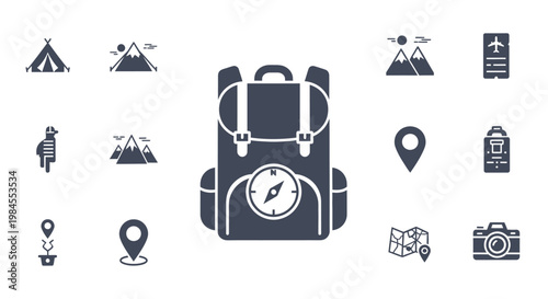 Minimalist travel icons showing a backpack with other elements for journeys and exploration