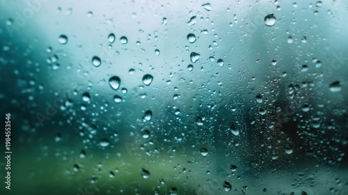 Glass surface covered with glistening water droplets against a blurred green background, refracting light.