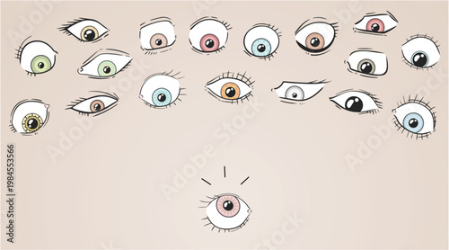 vector illustration of many eyes staring intensely at a single distant eye, conveying curiosity, judgment, and social pressure draw
