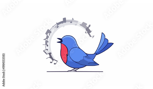 Stylized blue songbird singing with circular musical notes modern minimal vector illustration cute design