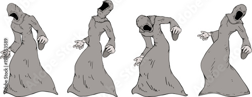 vector illustration of a hooded monk-like character recoiling from impact, body contorted in dynamic motion, conveying tension, action, and dramatic expression draw