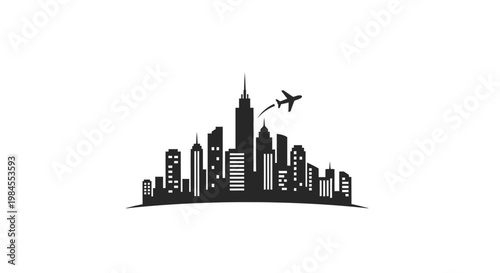 Silhouette of a Cityscape with an Airplane Symbolizing Travel and Urban Exploration