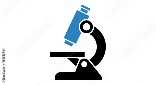 Graphic illustration of a microscope with a blue and black design on a white background