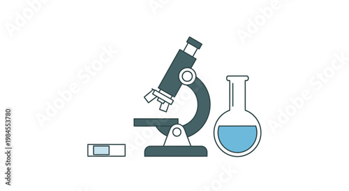 Illustrated scientific tools depict laboratory equipment for medical or research applications