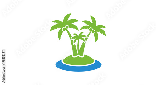 Minimalist tropical island illustration featuring palm trees, ocean, and a small landmass design