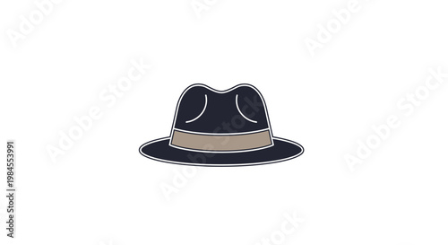 A minimalistic illustration of a dark blue fedora hat with a tan ribbon, set on white background