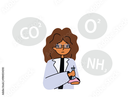 Female scientist holding chemical flask with gas formulas. researcher woman in lab coat with CO2 O2 and NH3 symbols. chemist working with gas molecules in laboratory.