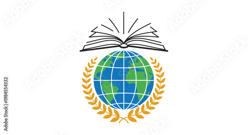 Global Education Symbol with Open Book, Earth Globe and Laurel Wreath Design