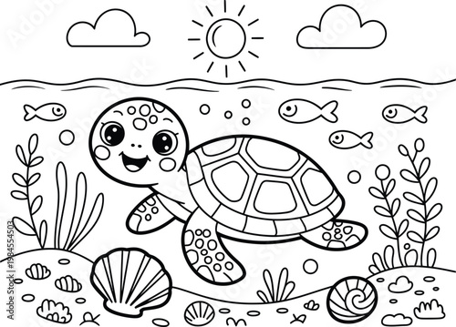 smiling sea turtle underwater with fish and seaweed vector illustration
