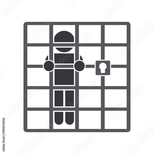 Isolated monochrome icon of person behind bars with padlock keyhole representing imprisonment, detention, restriction, and legal confinement concept