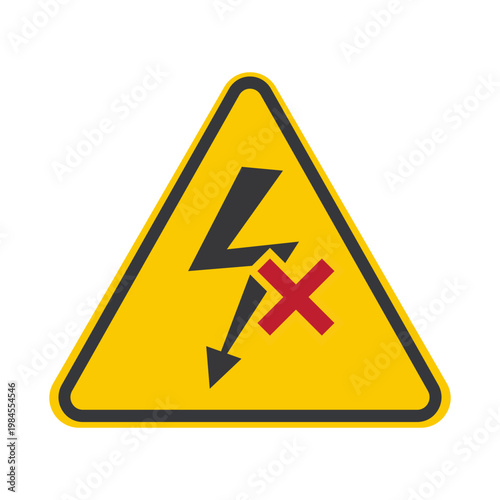 Isolated triangle safety sign with lightning icon crossed in red indicating no electricity, power outage, electrical hazard warning, and restricted usage