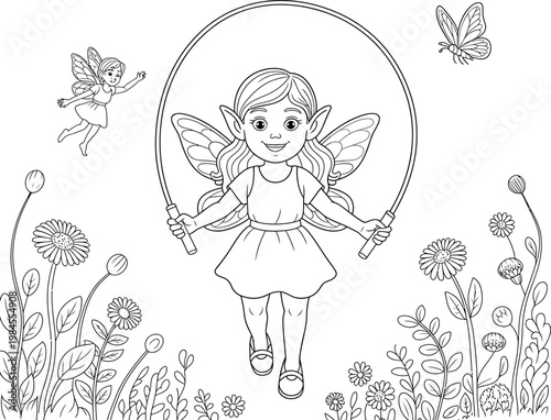 fairy girl jumping rope with butterflies and flowers vector illustration