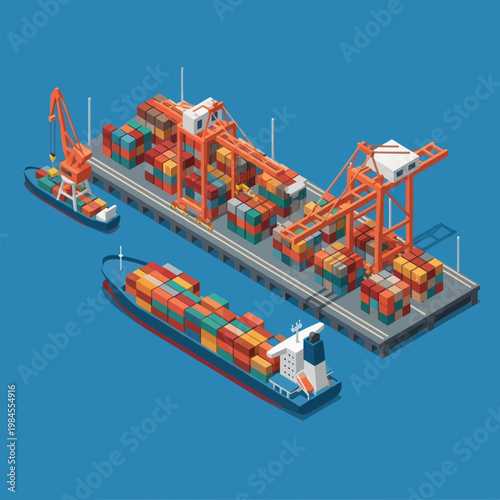 Isometric View of Cargo Ships and Dock with Containers.