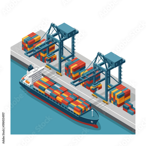 Isometric View of Container Ship at Port with Cranes.
