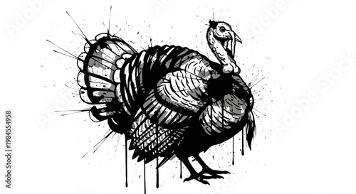 stylized turkey illustration, black and white
