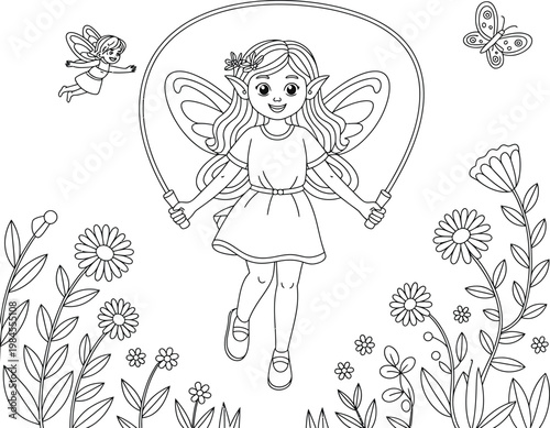 fairy jumping rope in garden with flowers and butterflies vector illustration