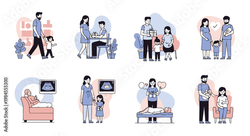 Series of icons and scenes related to pregnancy, newborn babies, family life, and parental care for healthcare topics.