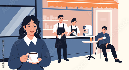 Busy coffee shop scene with baristas serving customers and a young woman holding a cup in the foreground.
