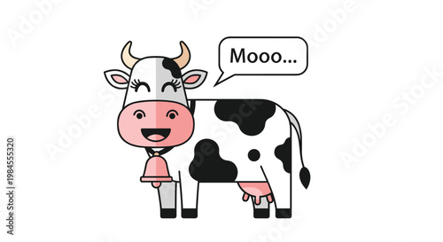 Happy cartoon cow with black spots and a cowbell standing and saying Mooo in a speech bubble on a white background.
