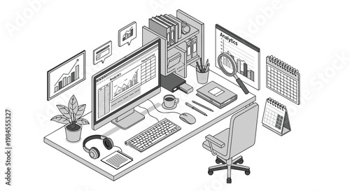 Modern isometric workspace setup with a desktop computer showing data analytics charts, office supplies, and professional furniture in grey tones.