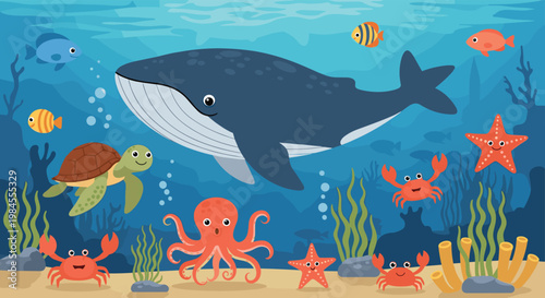 Beautiful underwater world illustration featuring a large blue whale, sea turtle, octopus, crabs, starfish, and colorful fish in the deep ocean.