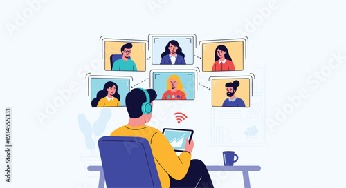 Man wearing headphones participating in a video conference with multiple colleagues displayed on digital screens.