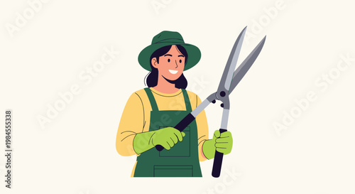 Happy young woman gardener wearing a hat and apron holding large hedge shears for landscaping and maintenance of a garden or outdoor space.
