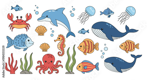 Comprehensive collection of marine life icons including dolphin, whale, octopus, crab, seahorse, jellyfish, shells, and various tropical fish species.