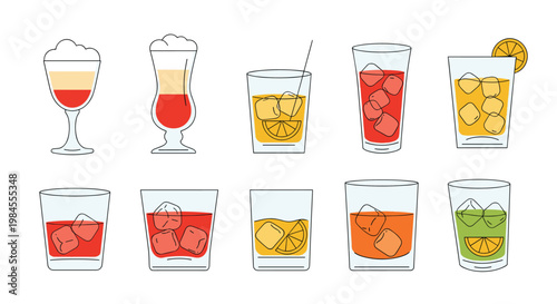 Collection of colorful cocktails and alcoholic beverages served in various glass shapes with ice cubes and fruit garnishes for bar or restaurant menu.
