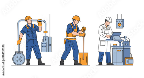 Group of professional industrial workers in safety uniforms and helmets performing various tasks in a factory or construction site environment.