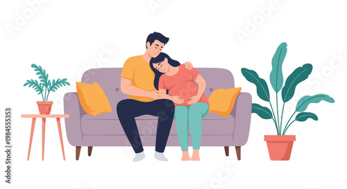 Happy young couple sitting on a cozy sofa at home while the man gently touches the belly of his pregnant wife in a domestic living room setting.