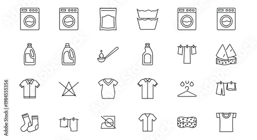 Extensive collection of laundry service line icons representing washing machines, detergents, clothing care symbols, and fabric cleaning processes.