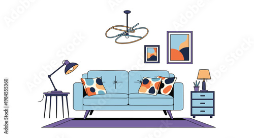 Modern living room interior design featuring a blue sofa with patterned cushions, floor lamp, nightstand, wall art, and a stylish ceiling light.