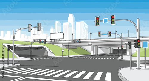 Empty urban road intersection with multiple traffic lights, pedestrian crossings, billboards, and a modern city skyline in the background.