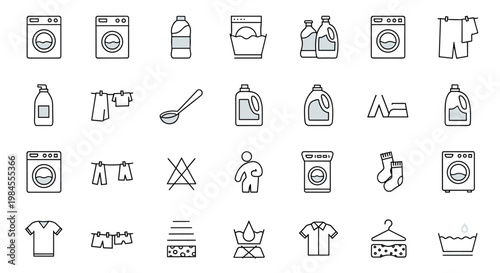 Set of laundry and dry cleaning service icons featuring washing machines, clothing care symbols, detergents, and household chores graphics.