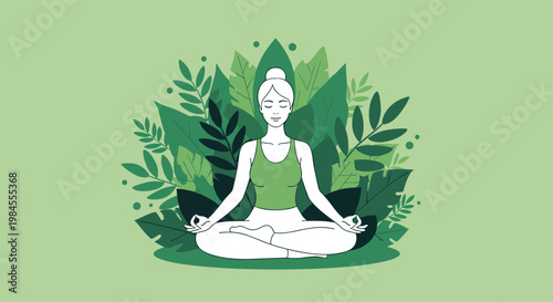 Peaceful young woman practicing yoga and meditation in lotus position surrounded by lush green tropical leaves for wellness and mindfulness.