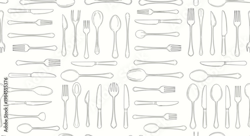 Seamless background pattern featuring various cutlery items like spoons, forks, and knives in a sketch style for restaurant or kitchen decor.