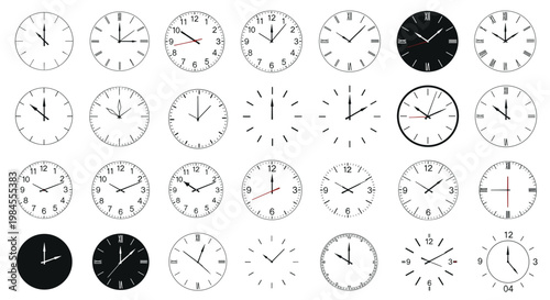Large set of various analog clock face designs showing different times for schedule planning, time management, and organizational concepts.