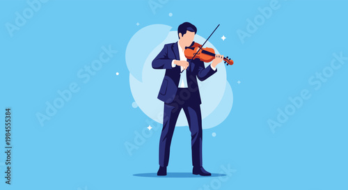 Elegant male violinist in a formal suit performing a musical piece on his violin against a blue background for a classical concert or event.