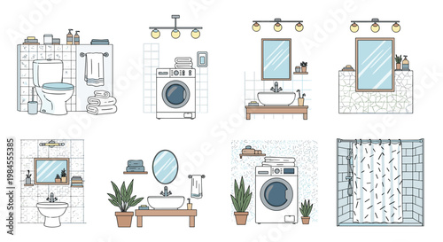Set of modern bathroom and laundry room interior illustrations featuring a toilet, sink, washing machine, mirror, and decorative plants.